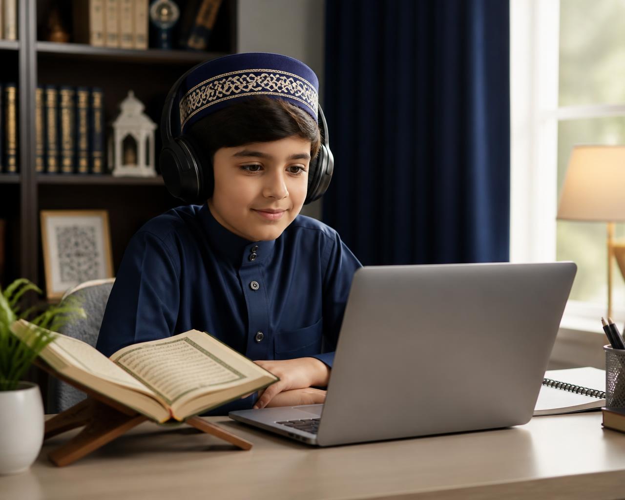 Child taking an online Quran class with a laptop and an open Quran